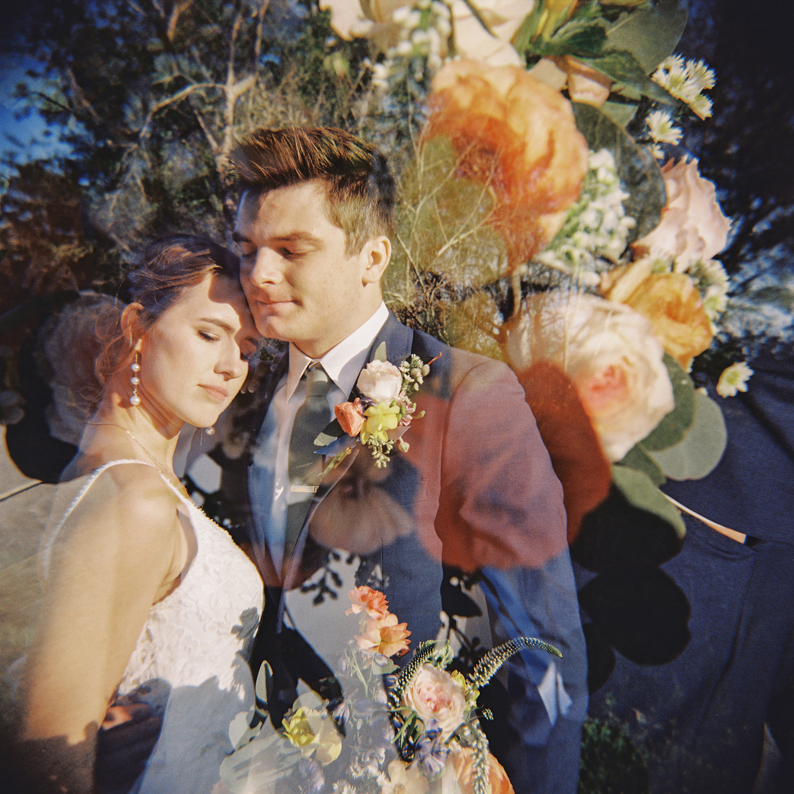 bride and groom film portrait in college station